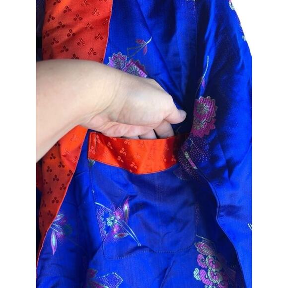 Vintage Men's Silk? Satin Robe Floral Brocade Blue Size LARGE with 3 Pockets - Picture 7 of 9
